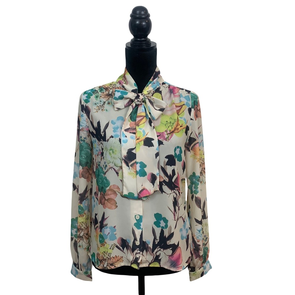 The Moon Womens S Floral Pussybow‎ Blouse Multi Color Bloomcore Tie Neck 
Garden